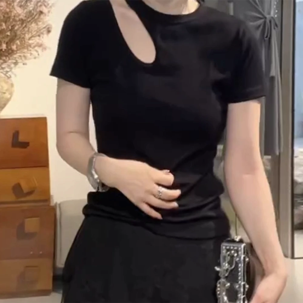 新款镂空短袖圆领修身型T恤修身夏季女款舒适C5776