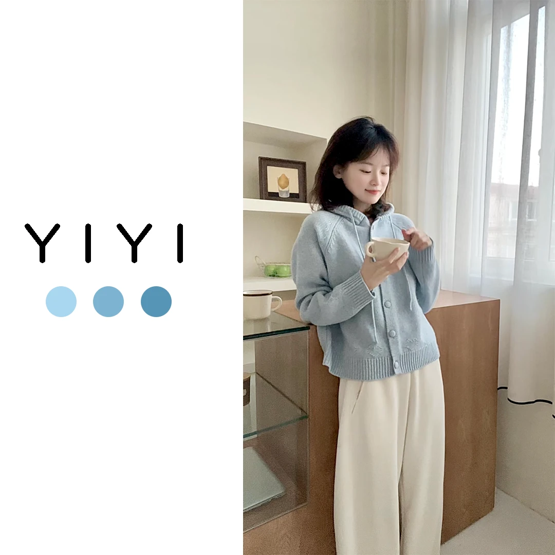 【YiYi】爱心连帽~韩版全羊毛厚款纯色爱心圆扣开衫长袖镂空连帽