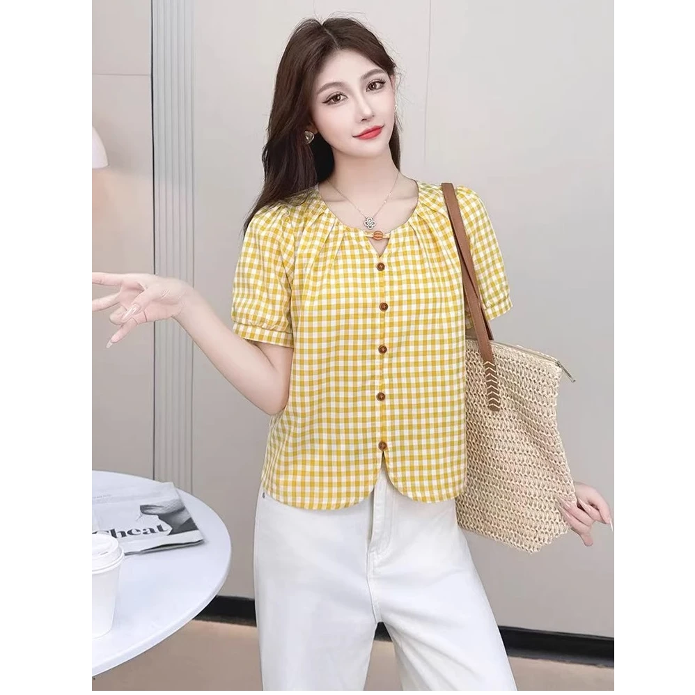 时尚格子圆领套头衬衫女2025夏季新品洋气拼接泡泡袖简约短款上衣