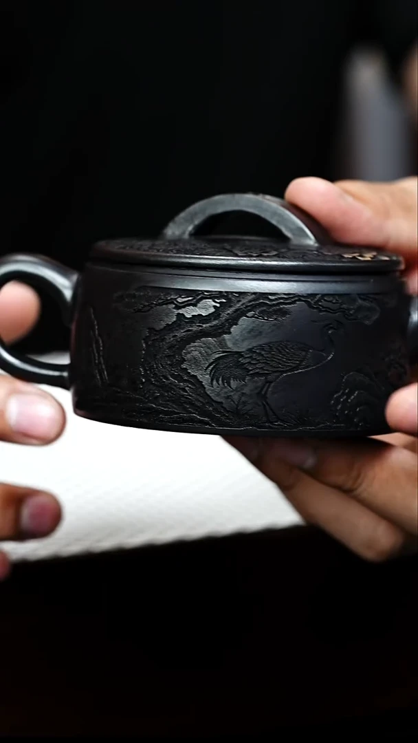 茶杯紫砂宜兴紫砂 松鹤汉瓦 石黄