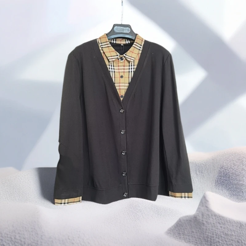 格领针织衫长袖假两件舒适百搭修身春款上衣