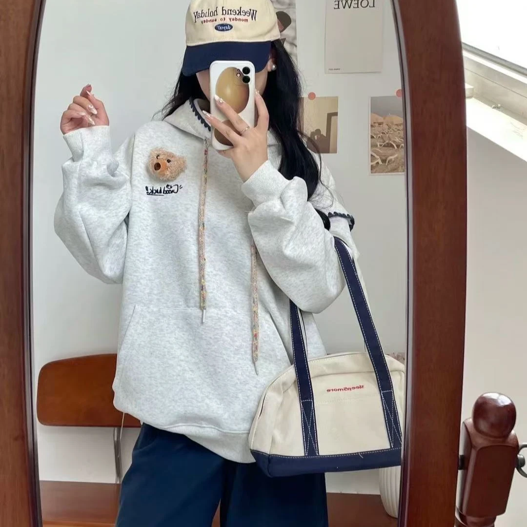 可爱少女连帽小熊卫衣2024秋冬新款学院风卡通上衣