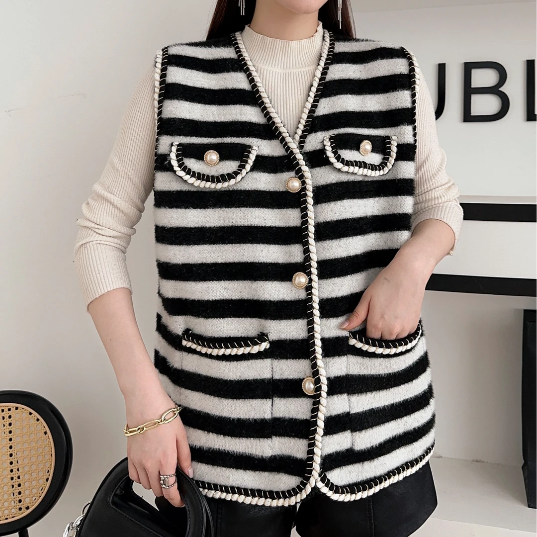 春秋款黑白条纹休闲气质百搭经典圆领减龄慵懒小香风开衫宽松马甲