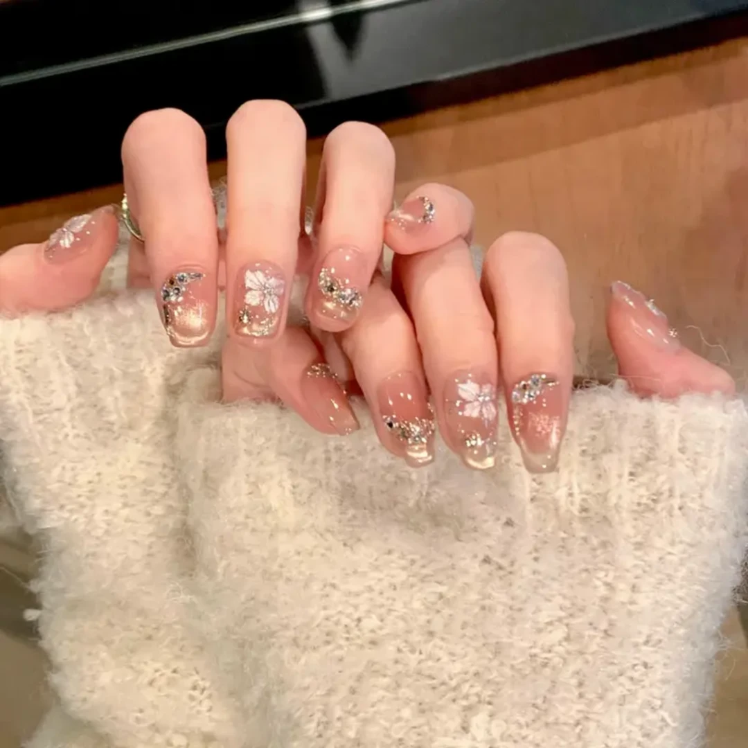 【花瓣月影】纯手工穿戴甲成品重复使用美甲贴片可拆卸10片手工装