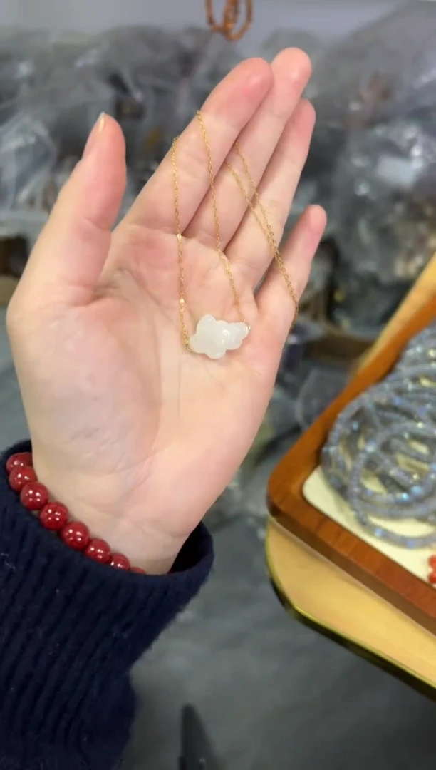 【闪购商品】和田玉颈饰银S925镶嵌和田玉牡丹花银项链[3857]