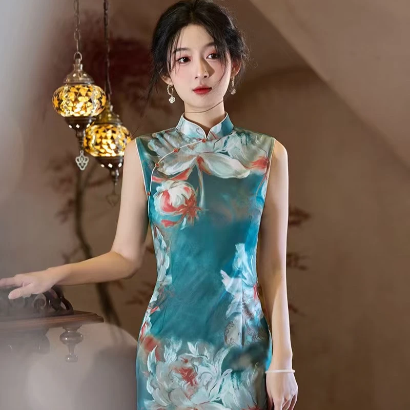 【风清余】2025春款新出炉弹力网纱梵高画风日常修身气质中长款旗袍