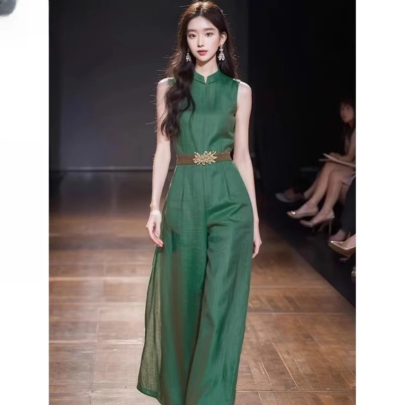 显瘦独特连衣裤超好看高端精致新中式国风绿色连体裤子女夏季新款