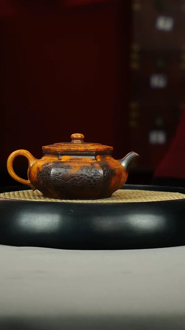 茶壶紫砂龙骨金砂 六方大斌 刻绘 梅花