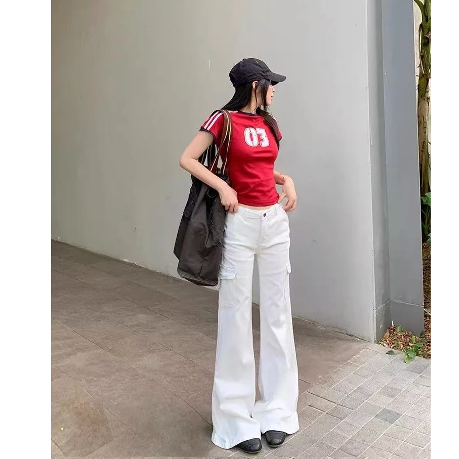 NOMIO夏季微喇工装休闲裤女显瘦百搭气质白色时尚中腰修身阔腿裤