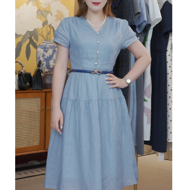 K25115蓝色苎麻波点V领连衣裙2025夏季新款优雅知性收腰A字裙