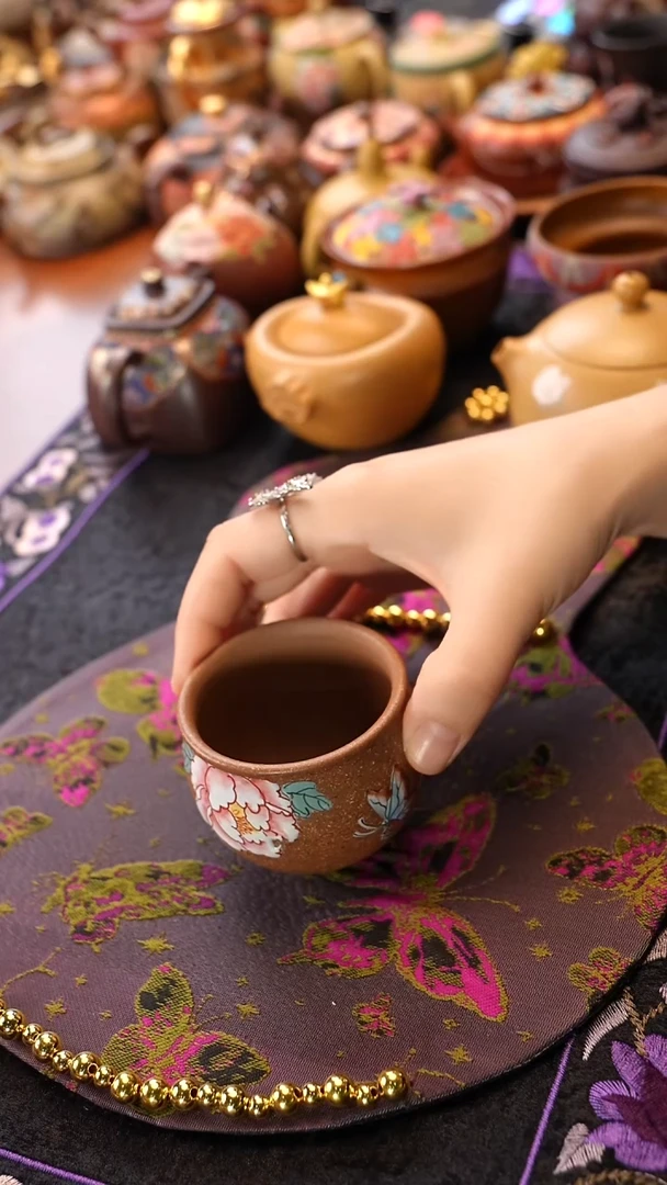 茶壶紫砂五彩段泥牡丹杯