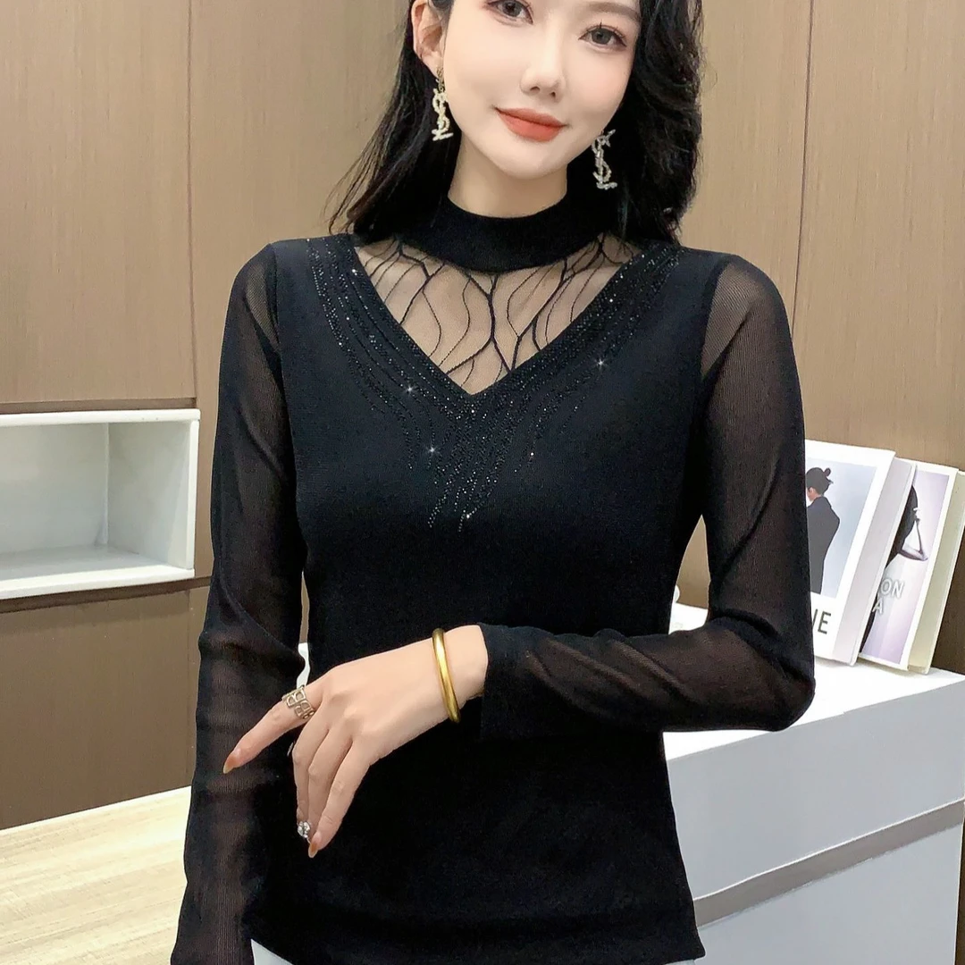 MY[直播专享]满天星蕾丝网纱打底衫女春秋洋气2025新款内搭小衫