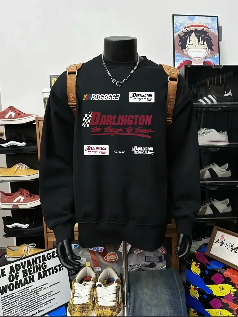 秋冬加绒加厚圆领卫衣机车风男女情侣重磅宽松休闲百搭长袖上衣