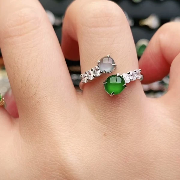 鑫辰珠宝天然A货翡翠银镶嵌设计款开口女戒指时尚百搭双子
