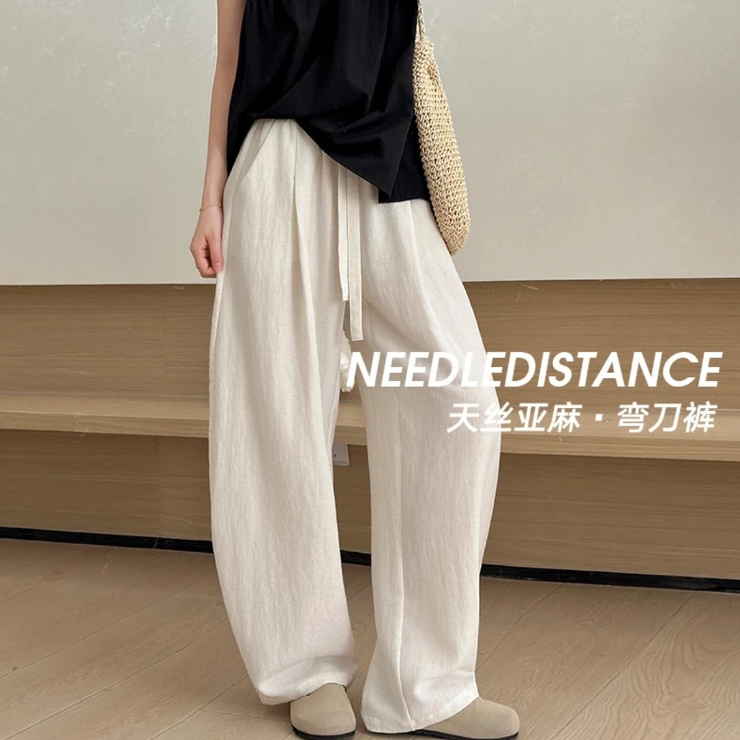 天丝亚麻弯刀裤夏季新款抽绳松紧遮胯显瘦垂感时髦百搭休闲弯刀裤
