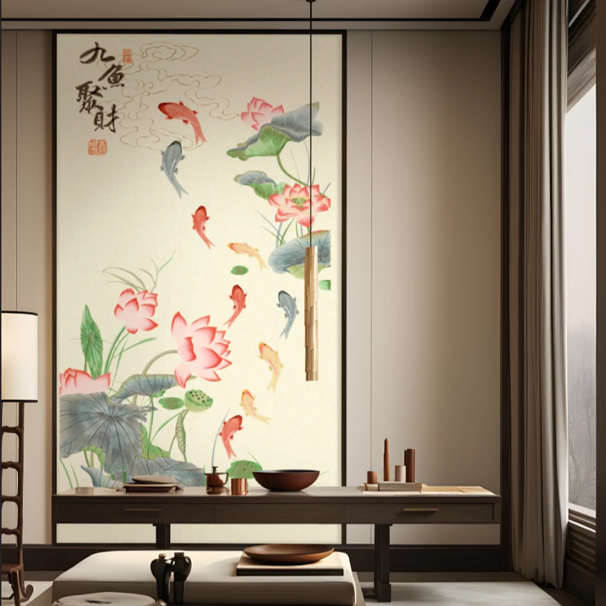 九鱼装饰画客厅玄关挂画新中式水墨聚财图床头壁画十五