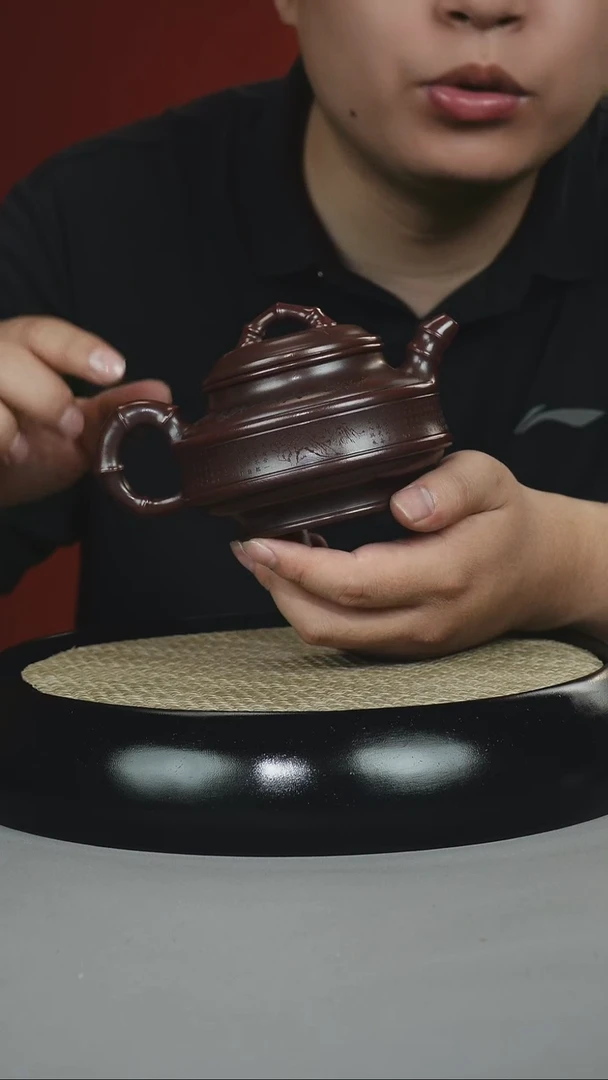 茶壶紫砂石红 双线竹鼓