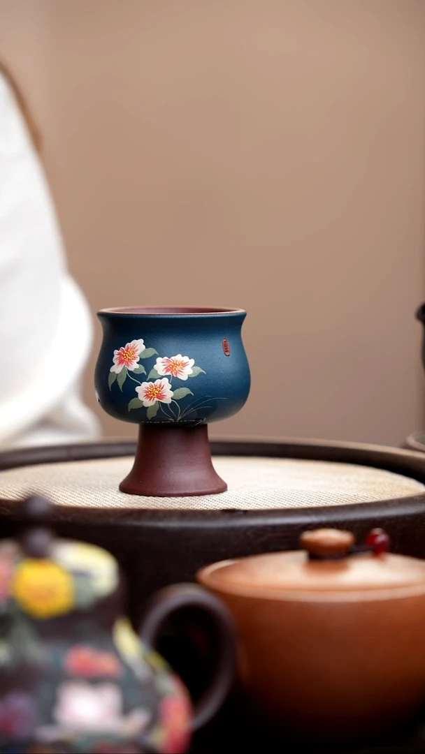 茶壶紫砂墨绿泥粉浆高脚杯三花