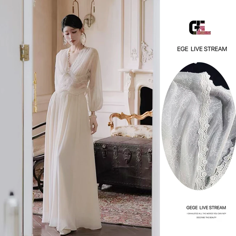 【神女赫拉】法式静奢浪漫蕾丝V领上衣+雪纺半裙