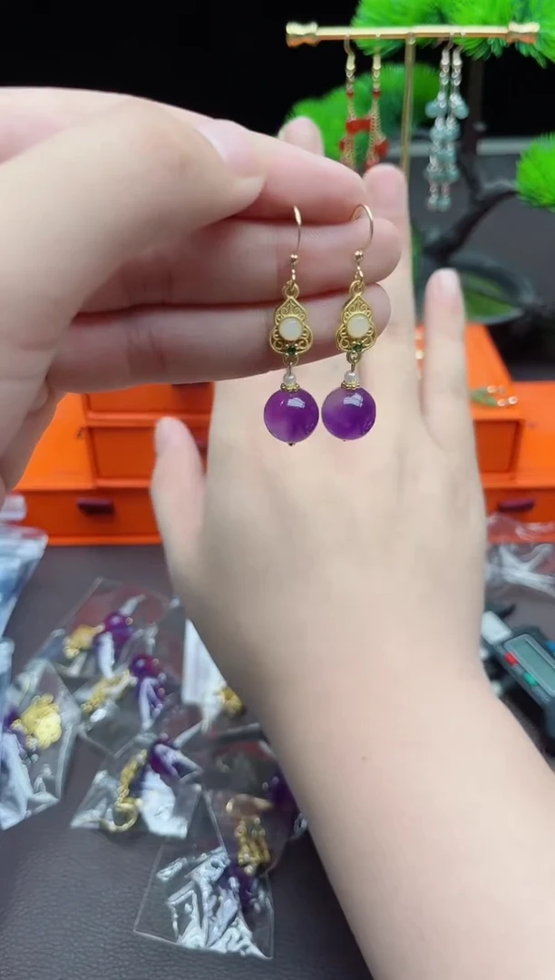 紫晶耳饰银S925镶嵌紫水晶葫芦