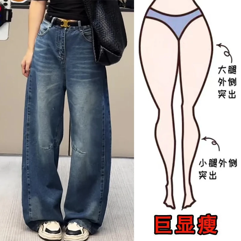 秋季新款美式时尚复古水洗设计通勤风遮肉显瘦高腰宽松阔腿牛仔裤