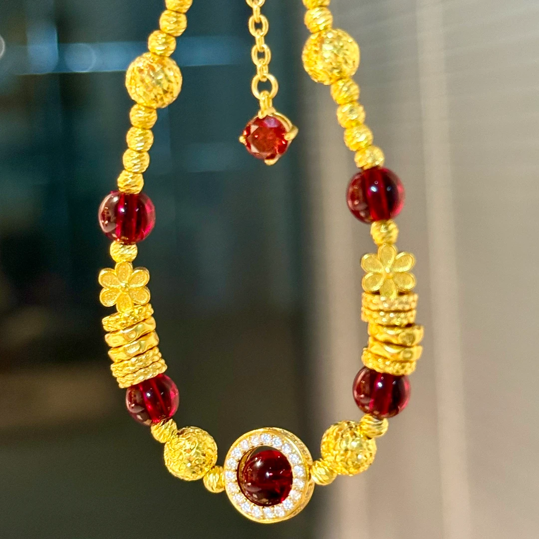 金杰福【绯红石榴路路通】碎冰冰盘缠手链s925银镀金手链