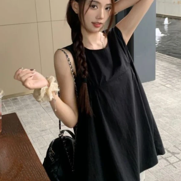 【DD784】少女感打褶宽松A字无袖上衣夏季款休闲纯色韩版百搭T恤