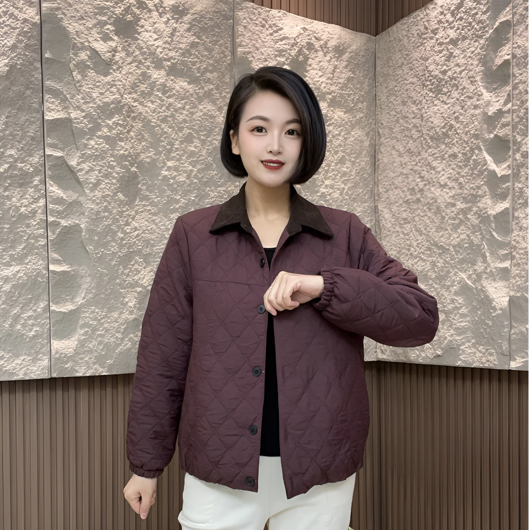 秋冬新款妈妈装外套休闲时尚中老年保暖百搭翻领菱形格棉服