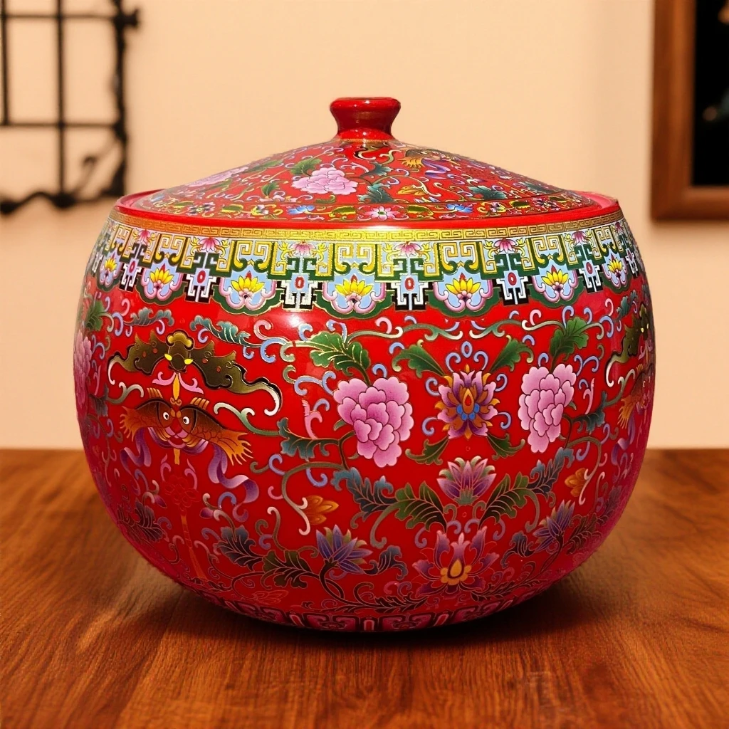 口径25高度25肚径30景德镇中国红缠枝莲聚宝盆260