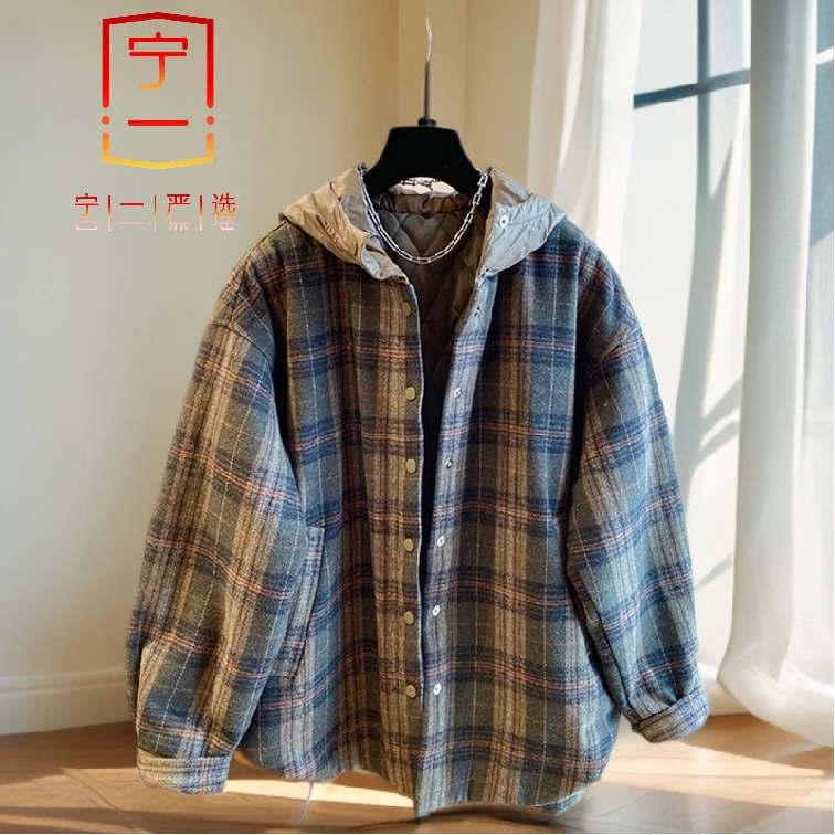 【宁一女装】格子毛呢衬衫棉服外套秋冬款时尚宽松加厚连帽夹棉外套