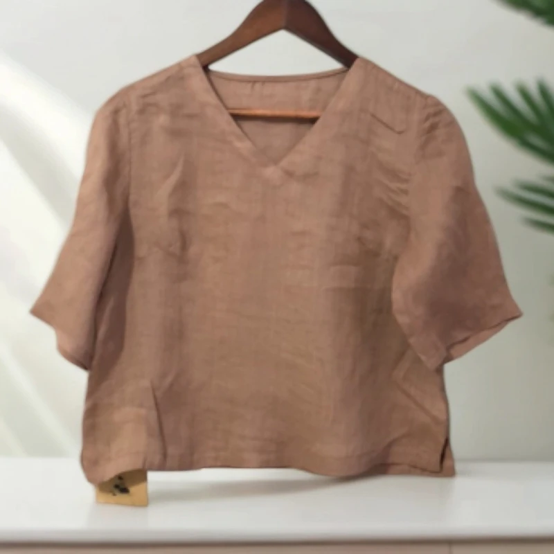 0559小个子短款苎麻v领休闲百搭套头小衫（衣长50）