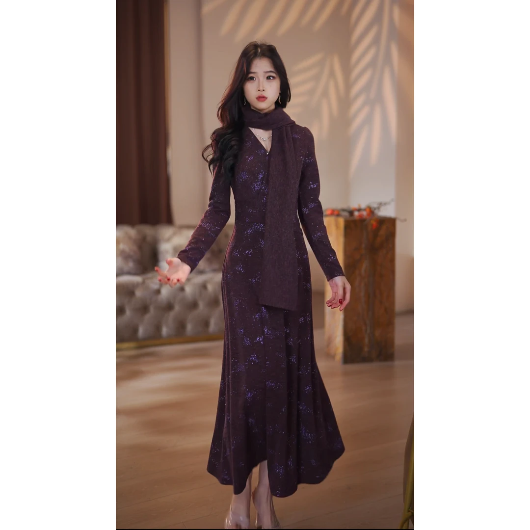 【汐木木】雾绒花境 秋冬新款高级修身显瘦A摆连衣裙-YL50493