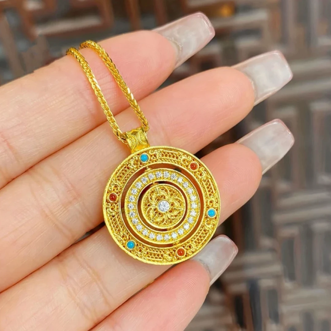 铜合金项链 新中式国潮吊坠旋转八宝罗盘时尚百搭项链时来运转女