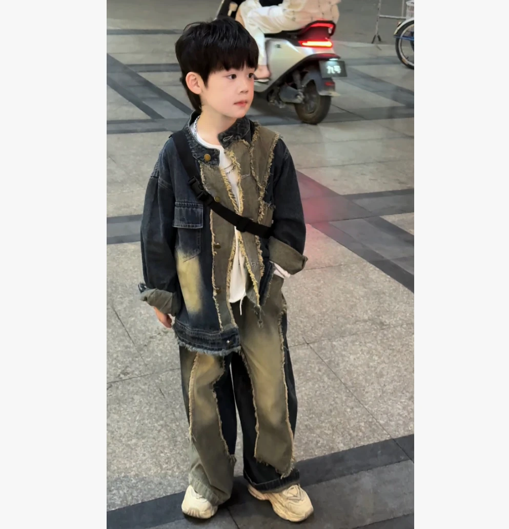 男童秋装中古风做日牛仔套装2025新款儿童中大童弯刀裤宽松两件套