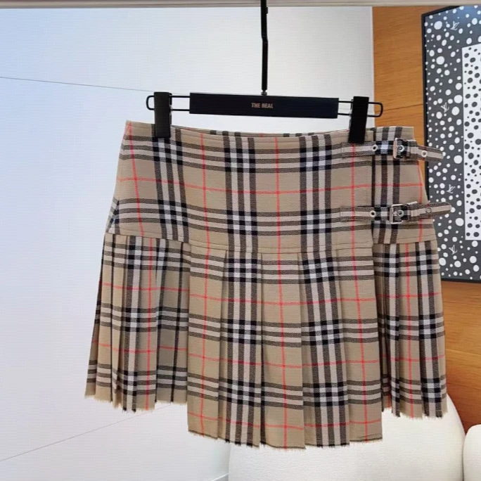 全新未使用 BURBERRY/博柏利 格纹羊毛高腰短裙 卡其 /UK10