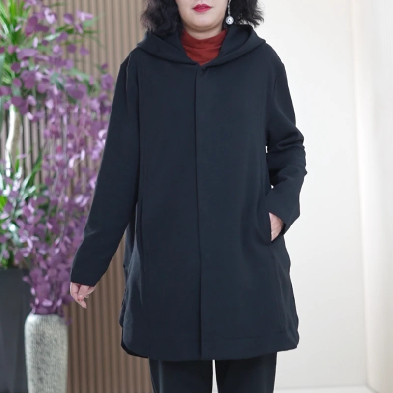 双股细格棉风衣女大码舒适休闲减龄连帽春季百搭中长款亲肤外套