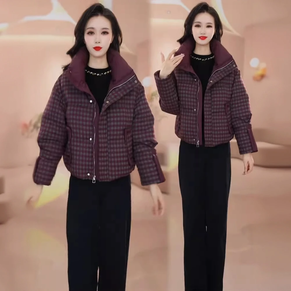 棉服女2025冬季新款时髦洋气小个子短款立领加厚保暖格子棉袄
