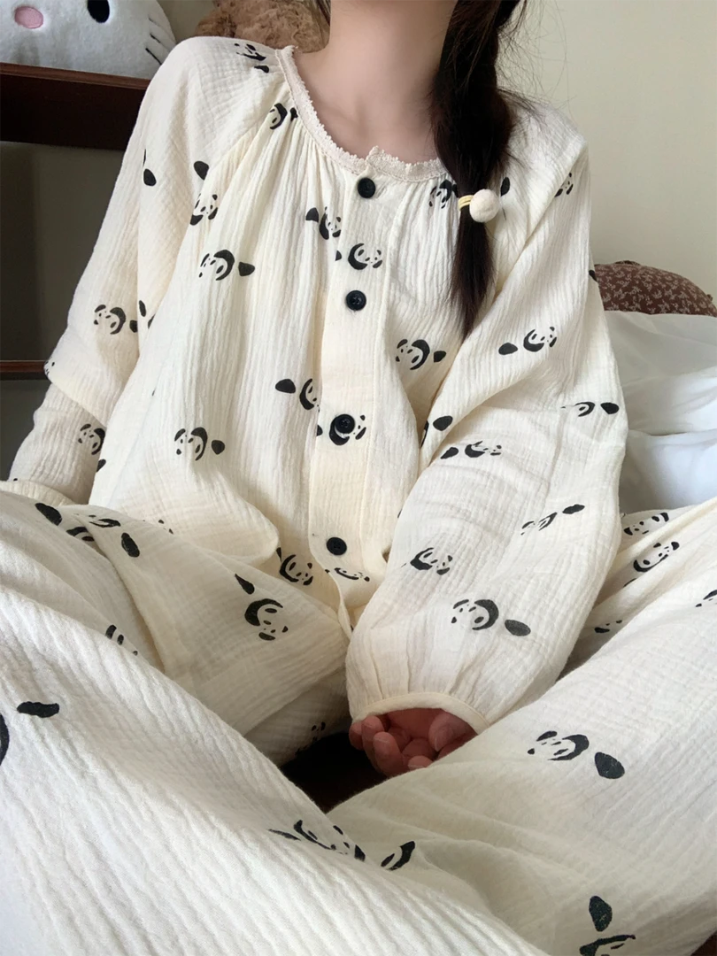 日系熊猫婴儿棉纱开襟睡衣女春秋2025新款棉纱布料家居服套装春季