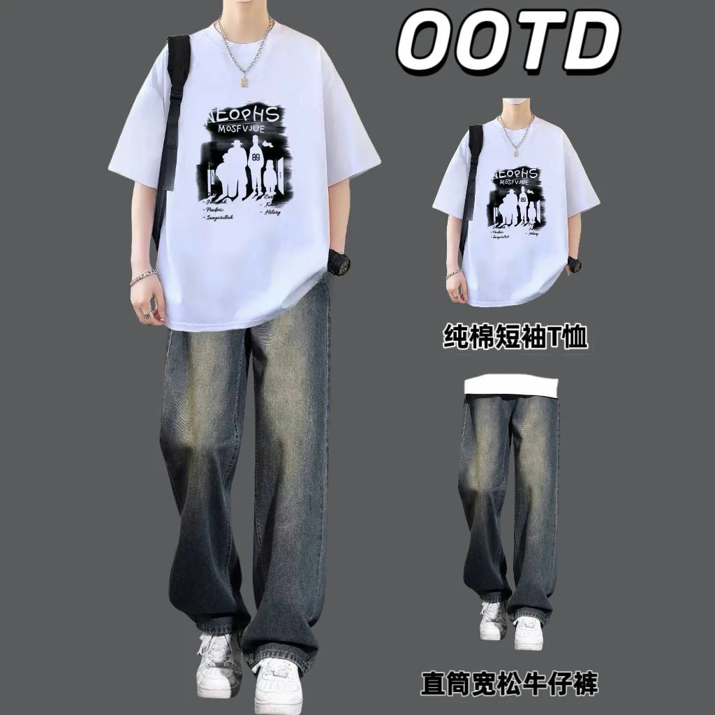 夏季男士纯棉短袖T恤套装男生宽松牛仔裤青少年休闲百搭两件套潮