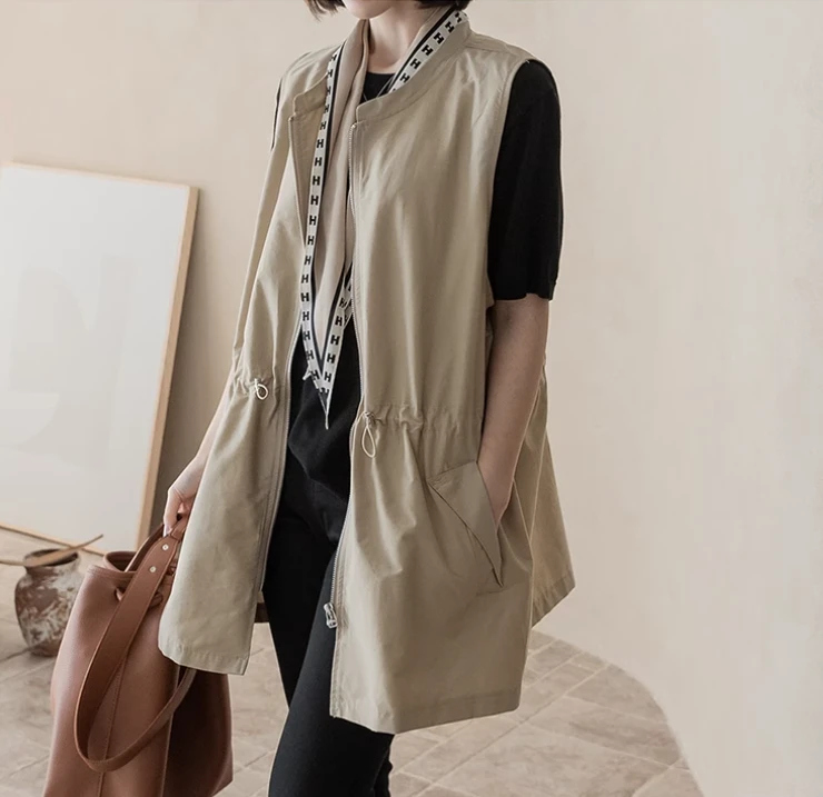 韩版休闲显瘦抽绳拉链时尚简约百搭文艺中长款卡其色马甲外套上衣
