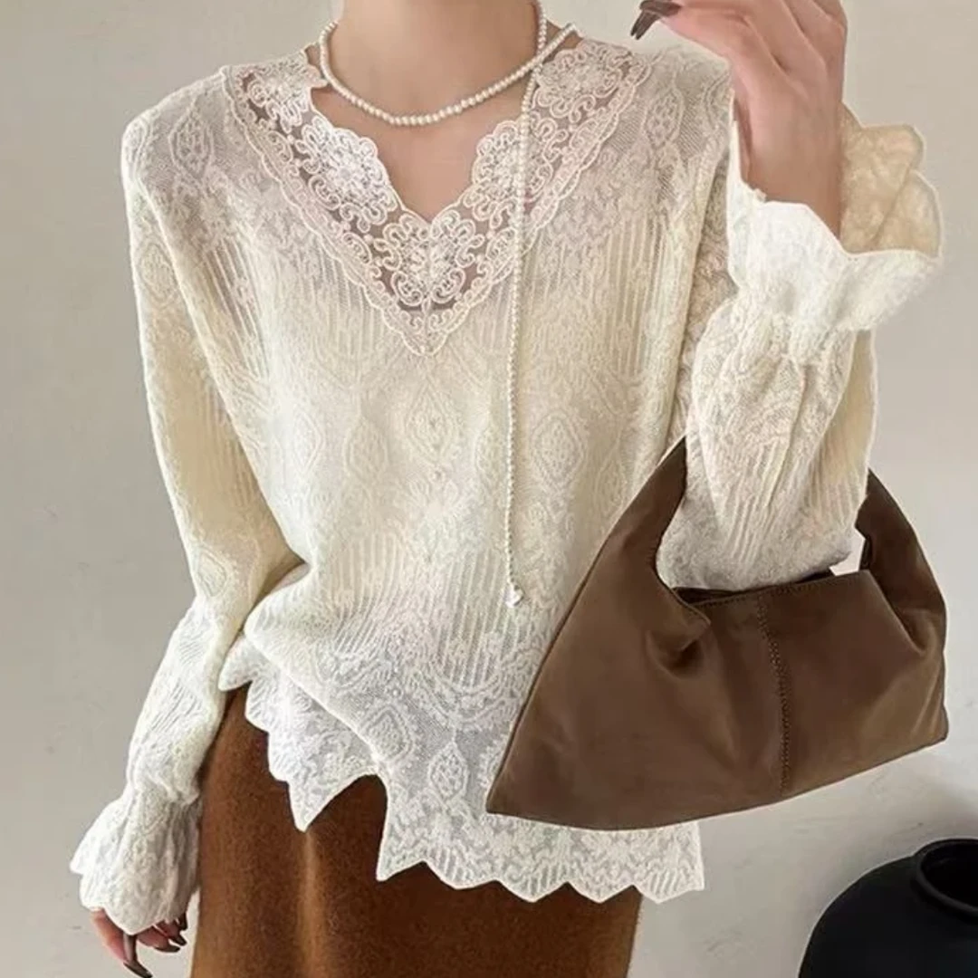 韩系高级感蕾丝钩花针织衫女春季2025新款设计感时尚洋气长袖上衣
