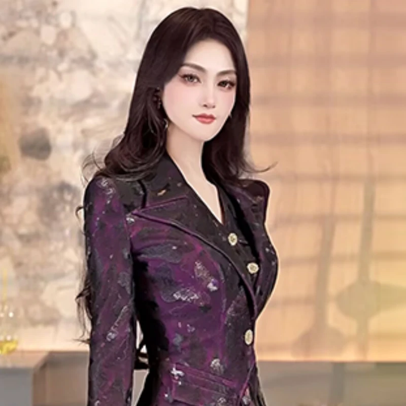 秋季女神范过膝及脚踝大长裙2025新款西式叠穿假两件印花连衣裙