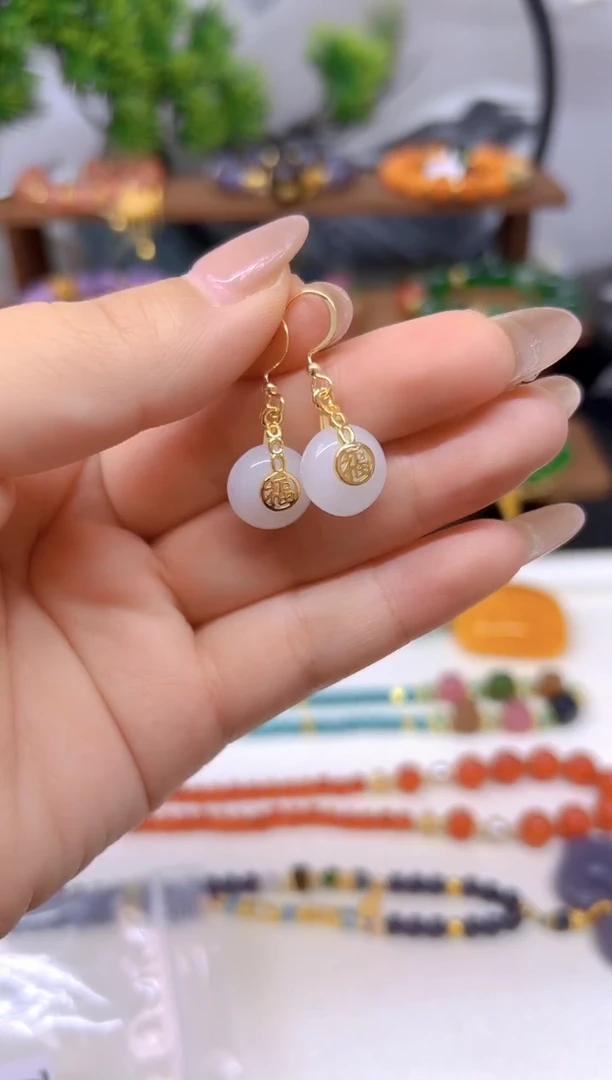 和田玉（白玉）14K金镶嵌耳饰E228