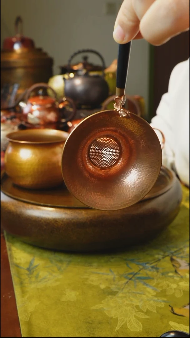 纯紫铜原色木柄茶漏