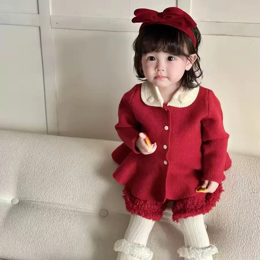 春季新款女宝宝名媛风红色小套装韩版洋气针织