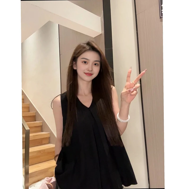 慵懒风简约黑色吊带背心女夏季新款法式松弛减龄个性时尚百睡衣女