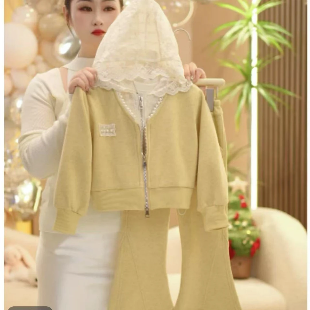 女童春装2025新款爆款时尚休闲蕾丝帽韩版女童连帽儿童针织套装