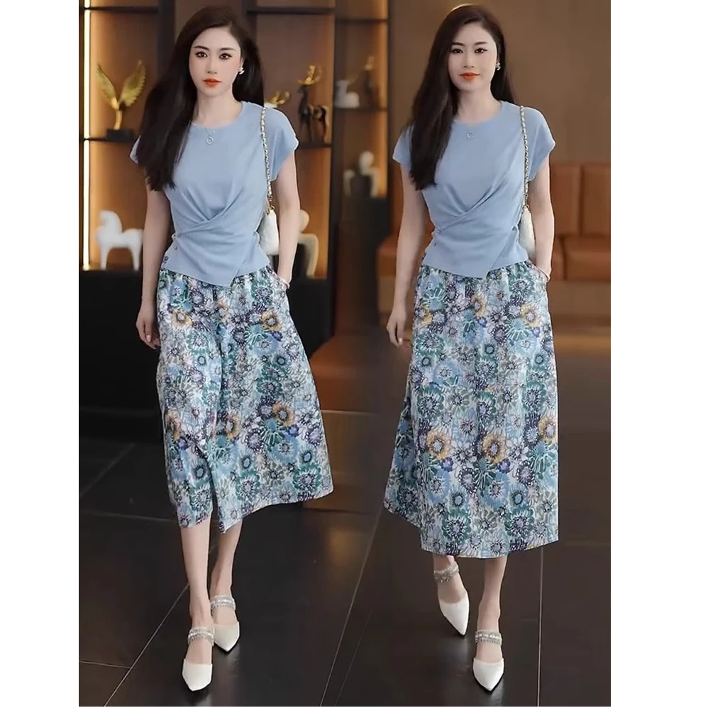时尚套装女2025夏新款洋气收腰显瘦气质短袖碎花半身裙时髦两件套