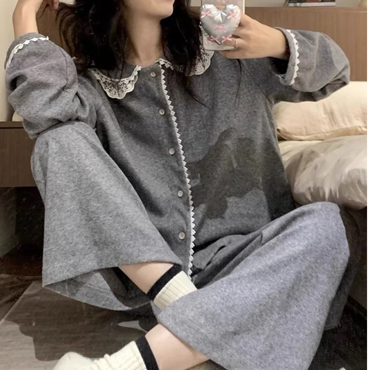 睡衣女春秋季高级感新款蕾丝娃娃领灰色简约娃娃领家居服套装春天
