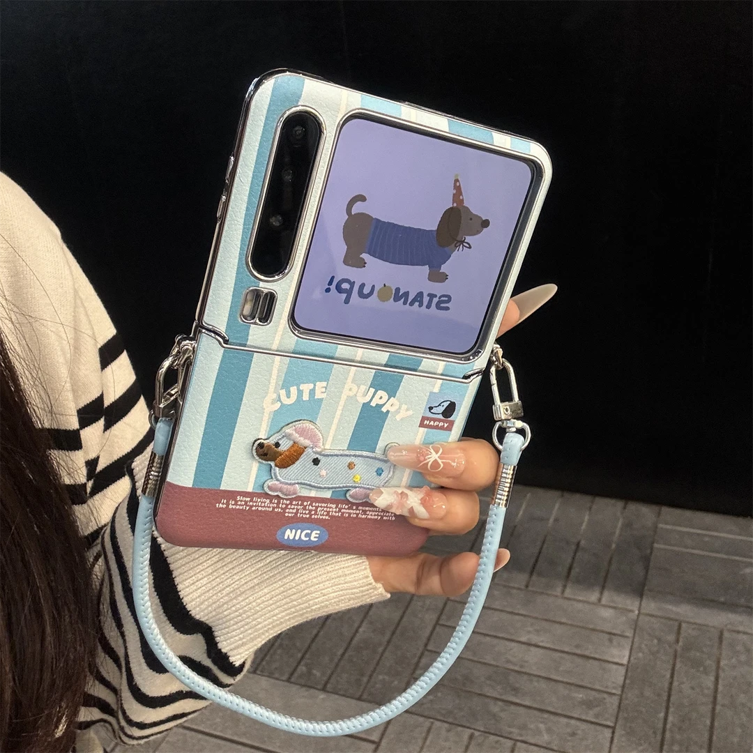 适用华为purax折叠屏手机壳蓝色条纹pocket2皮质拼接刺绣小狗手绳